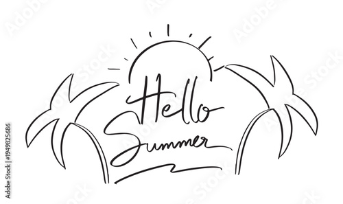 Hello summer each coconut sea drawing black color object icon holiday vacation happy travel banner sun tropical season hello summer relax template paradise time hello summer enjoy funny hello summer 