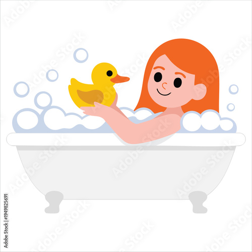 Child bathing with toy for kids bathroom routine vector