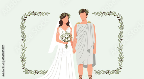 A wedding couple dressed in ancient Greek attire, holding hands