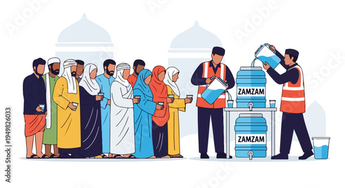 People in traditional attire queue for water distribution from dispensers