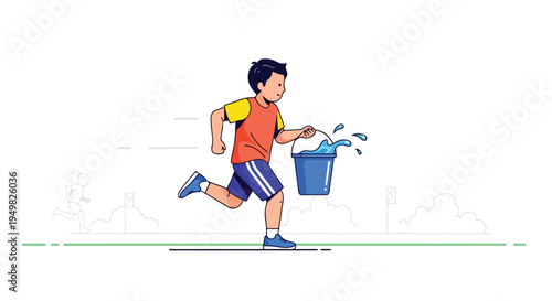 Young boy runs with a bucket of splashing water