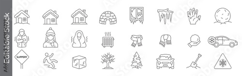 Winter, snow and cold weather icon set – editable outline symbols of house, igloo, icicle, scarf, snowball, slippery and frost