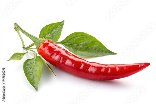 Fresh red chili pepper with leaves.