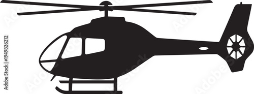 A sleek black silhouette illustration of a modern helicopter in profile, emphasizing its detailed rotors and landing skids, ready for flight.