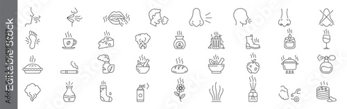 Sense of Smell, aroma and odor icon set – editable outline symbols of nose, scent, bad smell, good smell, perfume, food, smoke, flower and fragrance