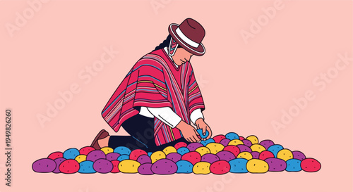 Person in traditional attire kneeling amidst colorful potatoes, selecting one