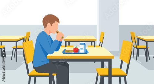 A young boy enjoys a sandwich and milk in a brightly lit school cafeteria setting