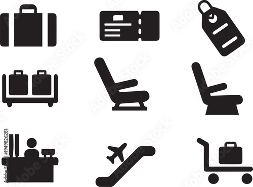A practical set of nine black and white icons representing various aspects of airport travel, including luggage, boarding passes, and passenger services.