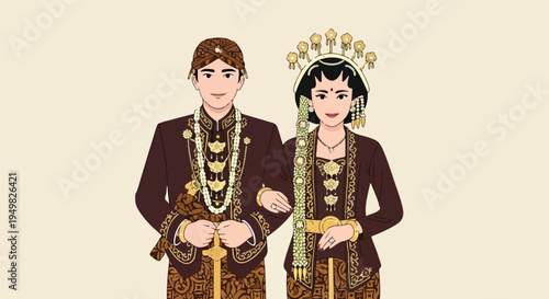 A couple dressed in traditional attire, adorned with intricate golden jewelry and floral necklaces
