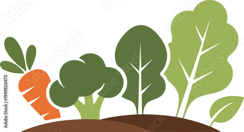 A delightful graphic composition portrays a small, vibrant patch of earthy ground, prominently featuring a healthy orange carrot