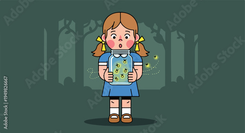 A surprised girl in a blue dress holds a jar of glowing fireflies in a dark forest