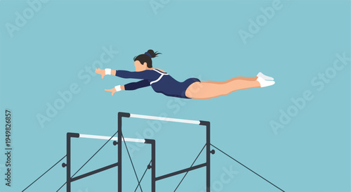 A stylized female gymnast soars horizontally mid-air over uneven bars
