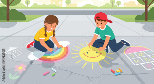 Children draw a rainbow, sun, and hopscotch with chalk on a sidewalk