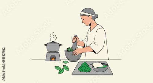 Person preparing herbs with mortar and pestle next to a steaming pot