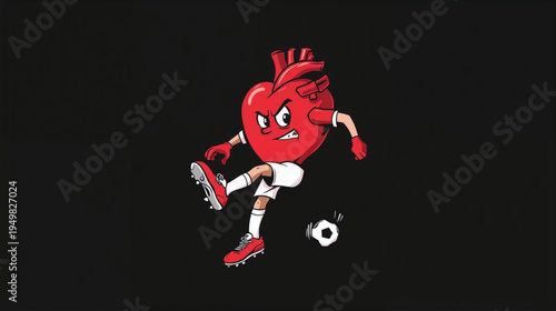 A cartoon heart character wearing a soccer uniform and cleats, kicking a soccer ball, running with determined expression 