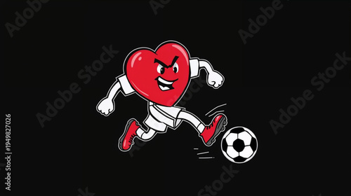 A cartoon heart character wearing a soccer uniform and cleats, kicking a soccer ball, running with determined expression 