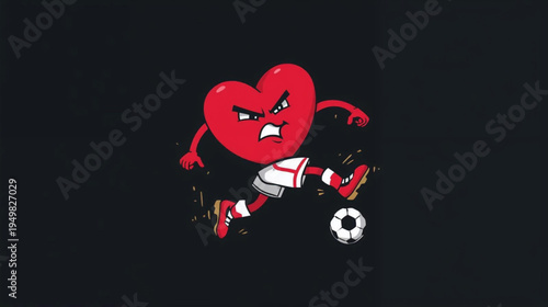 A cartoon heart character wearing a soccer uniform and cleats, kicking a soccer ball, running with determined expression 
