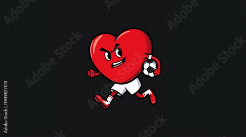 A cartoon heart character wearing a soccer uniform and cleats, holding a soccer ball, running with determined expression 