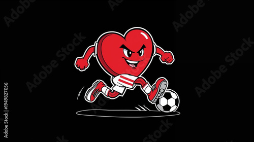 A cartoon heart character wearing a soccer uniform and cleats, kicking a soccer ball, running with determined expression 