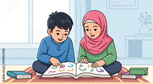 Two children, a boy and a girl in a hijab, learn Arabic letters from an open book