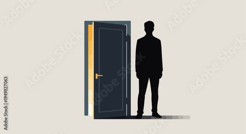 A shadowy figure stands before an open door with light emanating from within