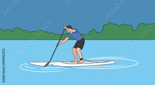 Person paddleboarding on a blue lake with green trees in background