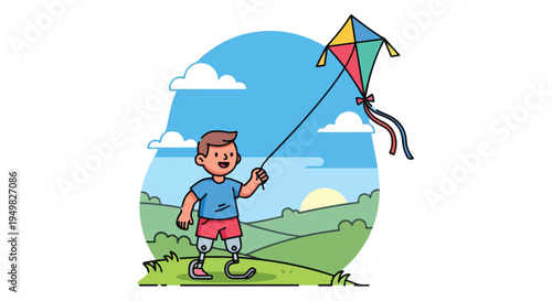Boy with prosthetic legs happily flying a colorful kite on a sunny day