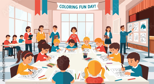Children engaged in a fun coloring activity guided by adults in a classroom setting