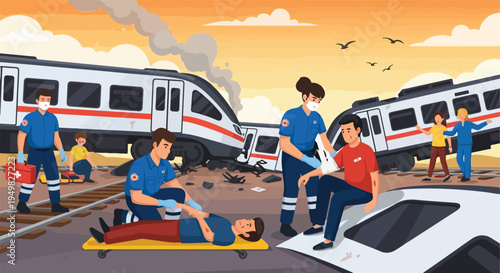 Train crash scene with first responders tending to injured individuals