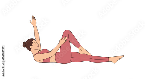 Woman in athletic wear demonstrating a yoga or pilates pose on a white background