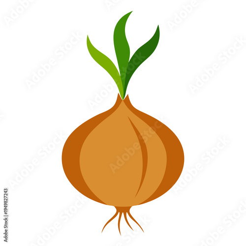 Onion icon, vector illustration of single brown onion with green leaves