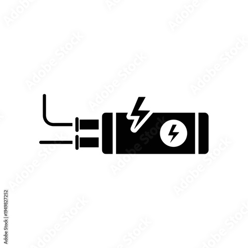 Black and white illustration of a battery tester with wires, isolated on a white background, featuring bold lightning icons and minimalist design