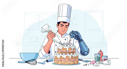 A chef with a robotic arm decorates a multi-layered cake in a bright kitchen