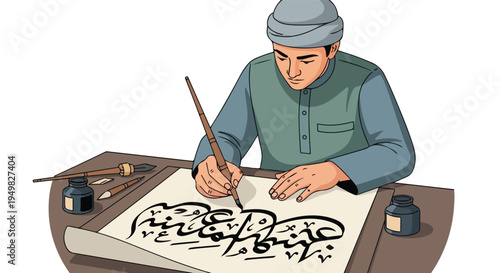 A person in traditional attire meticulously crafts Arabic calligraphy with a brush and ink