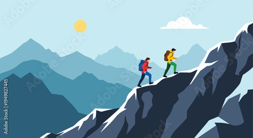 Two hikers ascend a steep, snow-capped mountain under a pale sun and blue sky