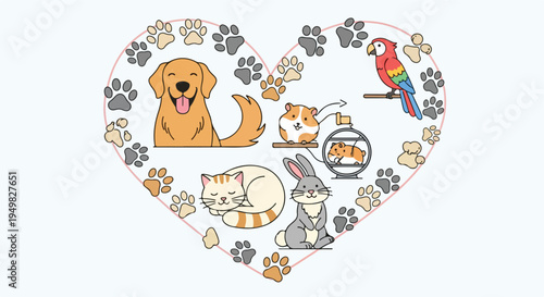A heart shape encloses various cute pets like dogs, cats, rabbits, parrots, and hamsters with paw prints