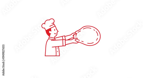 A chef in a white uniform and hat is shown stretching a pizza dough