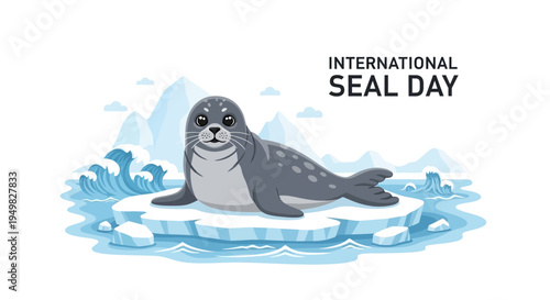 A cartoon seal rests on a melting ice floe with the words 'International Seal Day' above it, highlighting seal conservation awareness and marine biodiversity concept.