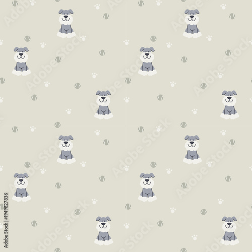 seamless minimal Cute Dog Face with tennis ball and paw, Pastel Nursery repeat pattern background, flat vector illustration graphic design