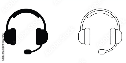 Black silhouette and outline of headphones with microphone on white background headset audio