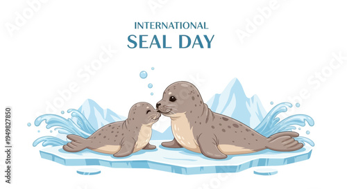 Illustration of two seals on ice for International Seal Day with a conservation awareness theme in a vector style.