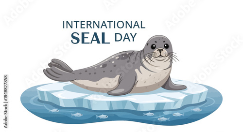 An illustration of a seal resting on an ice floe with the words 'International Seal Day' above it, promoting marine mammal conservation awareness with a mix of grey and blue tones.
