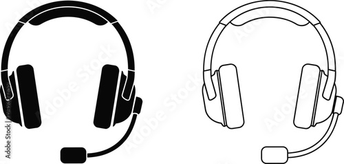 Black silhouette and outline of headphones with microphone on white background headset audio