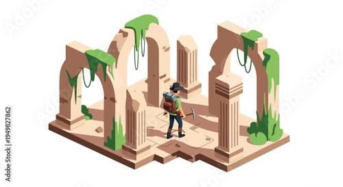 An explorer with a pickaxe examines ancient ruins overgrown with moss