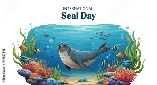 Vector illustration of a seal swimming underwater surrounded by fish and coral on International Seal Day for marine conservation awareness with a vibrant ocean scene.