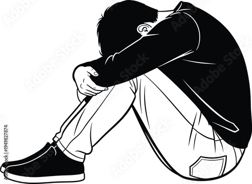 Black Silhouette of a Person Sitting in a Vulnerable Curled Pose, Minimalist Illustration of Loneliness, Sadness, or Emotional Stress, Vector
