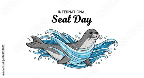 A gray seal swims through blue waves on International Seal Day, promoting marine conservation awareness with a vector illustration style.