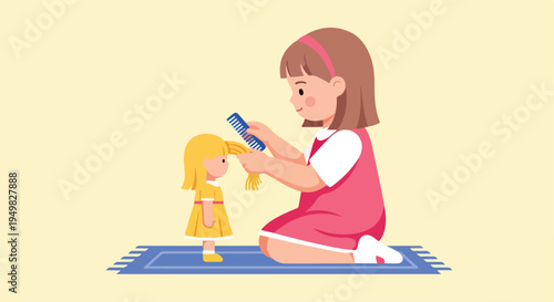 A girl combs her doll's hair on a rug in a simple, flat-style illustration