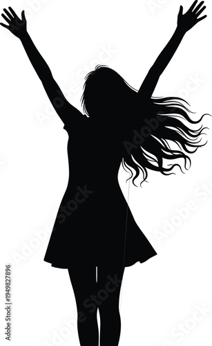 Black silhouette of a young woman with long flowing hair, celebratory and triumphant pose with arms raised high, isolated on white,