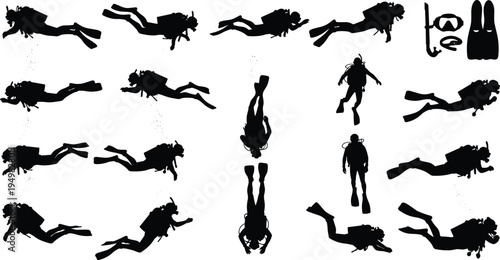 Scuba diver silhouettes set with underwater swimmers, snorkeling gear, oxygen tanks, and flippers for sea exploration, diving school, and ocean adventure vector illustration